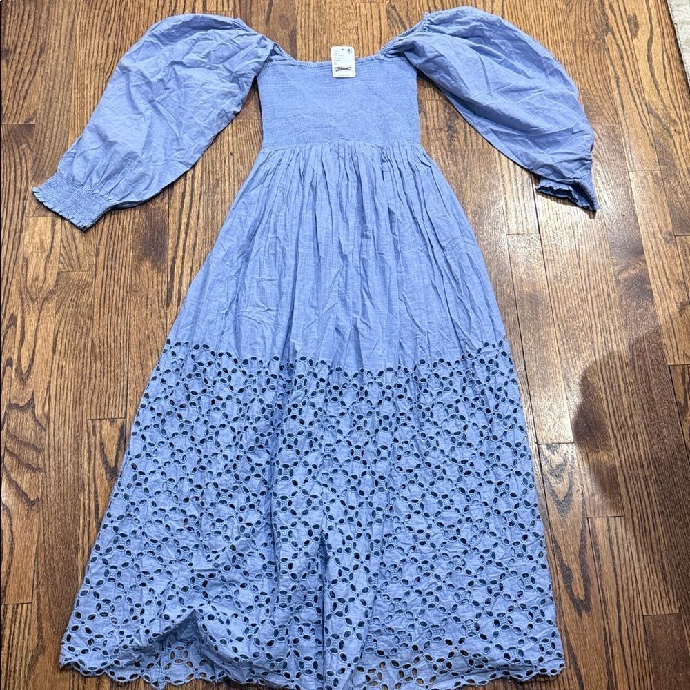 Free People Perfect Storm Smocked Eyelet MIDI Dress in Blue Heron - Picture 4 of 5